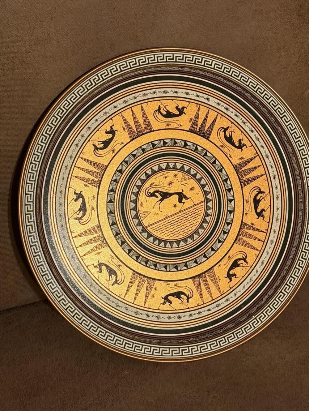 Vtg Fabcraft Grecian Etruscan Tin Serving Tray 13.5" Copper Gazelle Aztec Tribal